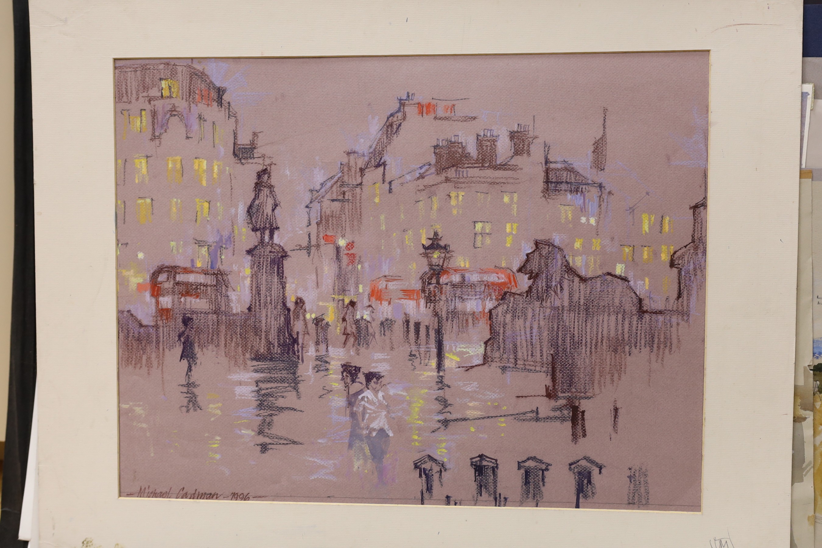 Michael Lawrence Cadman (1920-2010), folio of assorted watercolours and pastel drawings including jockeys, garden scenes and landscapes, largest 50 x 65cm, together with a crate of assorted sketchbooks